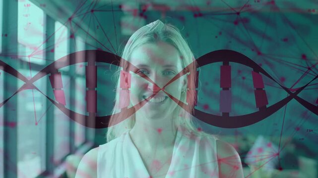 Recording starting, woman facing camera, DNA helix and nodes overlaying, smile widening for biotech