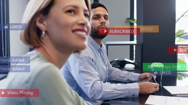 Woman smiling in biz brief starting, alerts floating across frame, man tapping phone, team planning