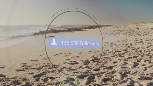 Blue marker appearing, follower counter ring fading in and numbers climbing to 700k, showing growth