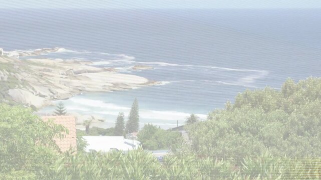 Horizontal scan-line artifact shifting and fading, revealing coastal bay and surf for clear view