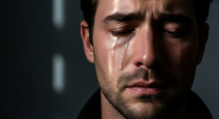 Fototapeta premium A man crying with a tear on his cheek.