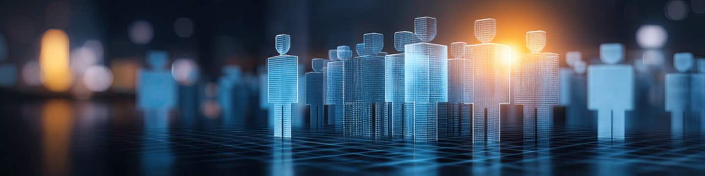 A futuristic composition shows many abstract blue digital human data figures gathered under warm orange spotlight illumination.