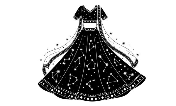  Black silhouette illustration of a traditional Indian lehenga choli bridal dress with star patterns and decorative border, perfect for fashion, Diwali, Navratri, wedding, and ethnic cultural design 