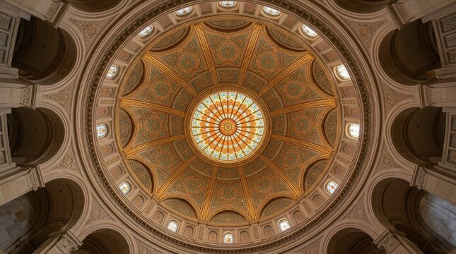 Architectural interior view of old dome ceiling with stained glass window