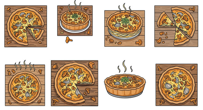 Pixel art collection of quiches and savory pies with various toppings and wooden backgrounds, digital illustration