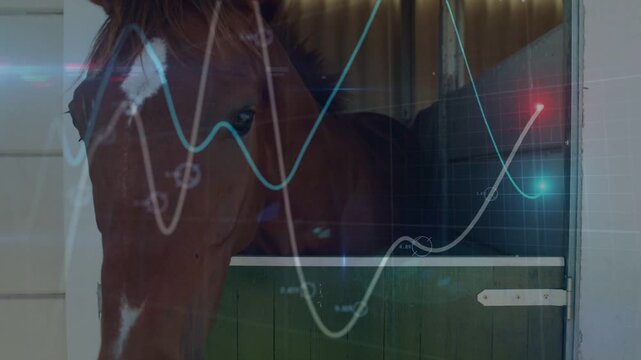Chestnut horse emerging from left edge, investigating open green half-door while wavy lines flowing