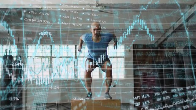 Man starting hands-on stance, exploding onto plyo box for power while finance charts overlaying him