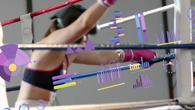 Female boxer in pink gloves sliding into crouch after rival pressing, animated data overlaying ring