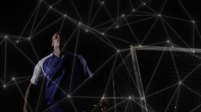 Male soccer player shifting near goal opponent jumping in mesh tracking marking contest sports