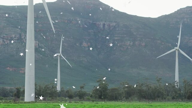 Breeze rising, three turbines rotating while stars appearing and drifting, showing wind over ridge