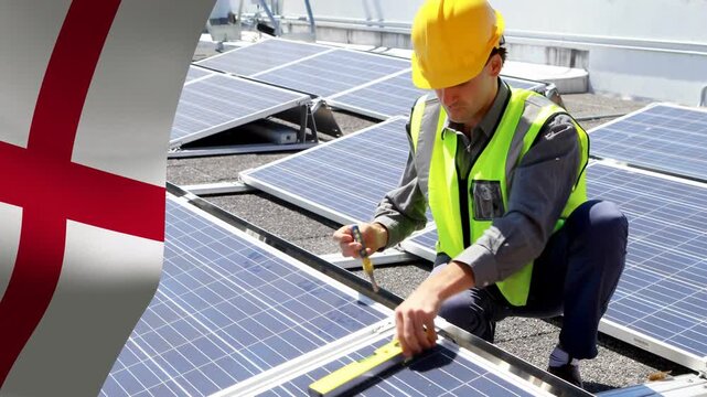 Male solar tech kneeling placing level, aligning panels, securing panels with flag overlay left