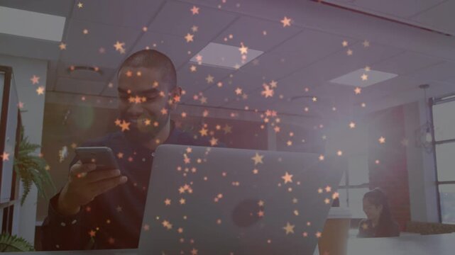 Businessman reaching phone, scrolling, sending voice note, sparkles drifting across frames
