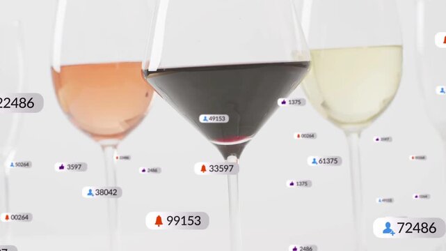 Notifications appearing, drifting upward across three wine glasses, emphasizing central glass