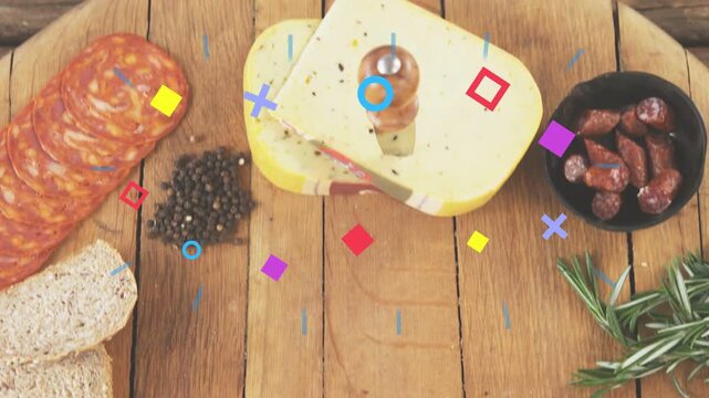 Confetti appearing over cheese, camera shifting, items sliding, platter forming for display