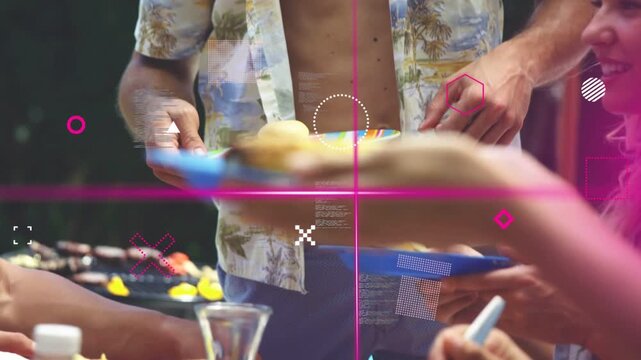 Hand reaching man placing bun, handing plate, ladle serving, pink overlays crossing torso catering