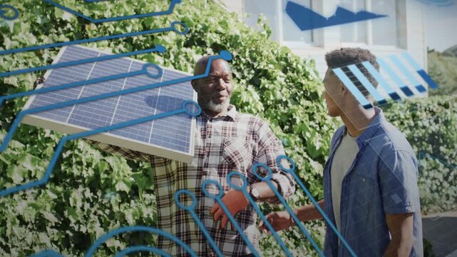 Senior installer raising solar panel and teaching trainee, blue circuitry overlaying men and panel