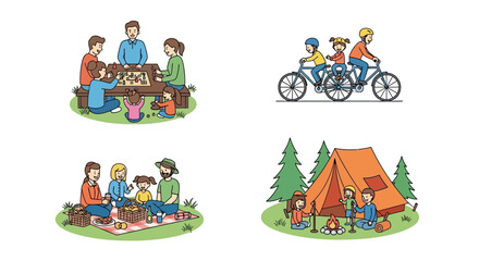 Obraz premium People on bicycles and camping outdoors.