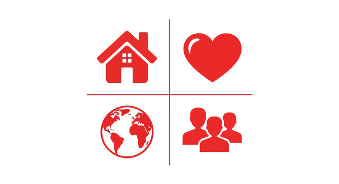 Red icons of house heart people globe.
