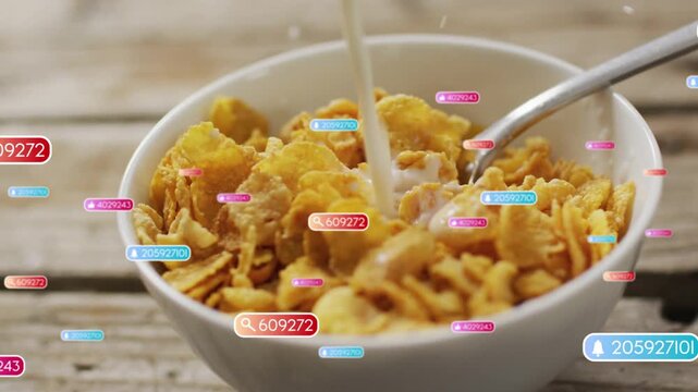 Badges appearing, milk pouring over white bowl of corn flakes, flakes darkening to visualize data