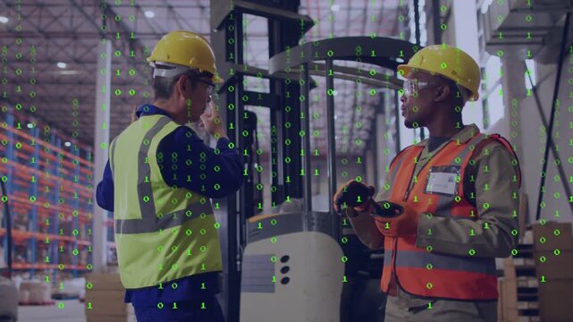 Left worker in warehouse showing ID pointing rack, right op with radio guiding lift matrix showing