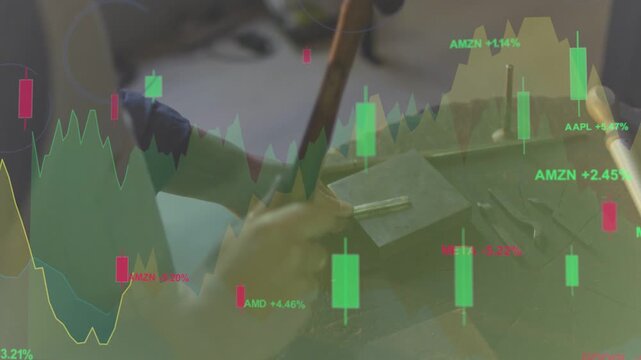 Female jeweler placing metal blank, steadying and hammering, shaping piece amid stock chart overlay