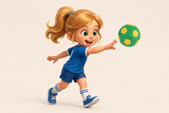 A child in a blue sports outfit reaches toward a moving handball, showing motion, focus, and energetic athletic action against a clean light background.