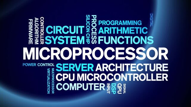 Microprocessor animated word cloud-text design animation tag kinetic typography seamless loop.