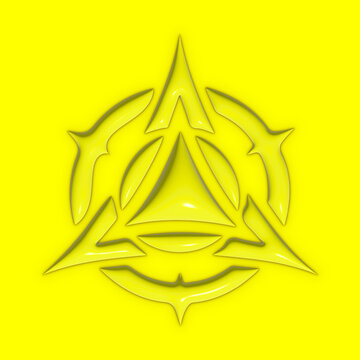Glowing triangular emblem with symmetrical abstract curved blade motifs.