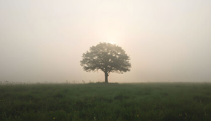 Naklejka premium Solitary tree in morning fog with tree trunk tree crown solitary landscape