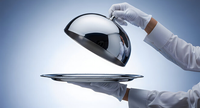 Butler in white gloves lifting a silver cloche from an empty serving tray.