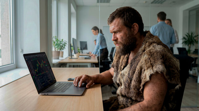  A cave man Analyzing Financial Data and Cryptocurrency Charts Successful Stock Market Trades on Laptop