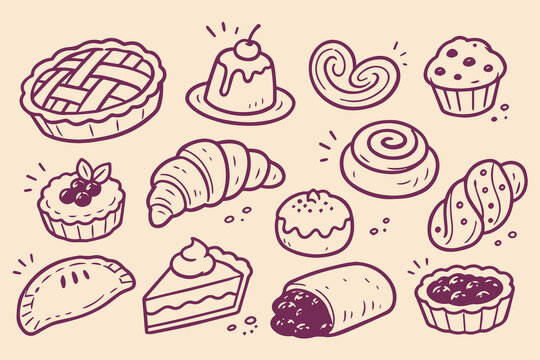 Pastry dessert set doodle sketch pattern vector