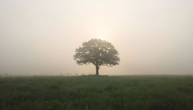 Solitary tree in morning fog with tree trunk tree crown solitary landscape