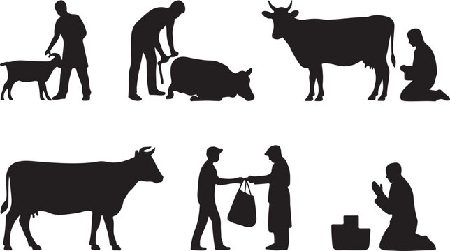 Ancient humans and cattle silhouettes lifestyle vector