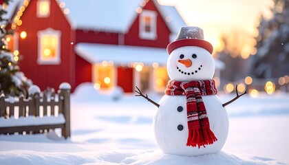 Obraz premium A snowman in a snowy scene with a red house