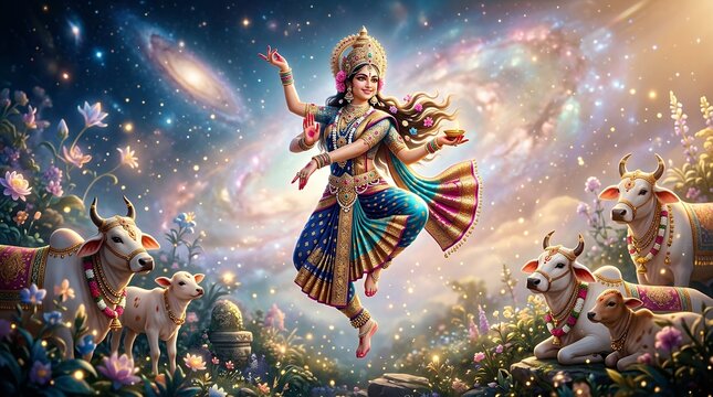 Ornate Indian Goddess Dancing Among Sacred Cows in Cosmic Flower Garden