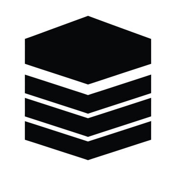 Minimalist isometric stack icon, black geometric layers vector, abstract database and software architecture symbol