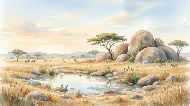 Peaceful Watercolor Savanna Landscape with Wildlife Near Rocky Pond