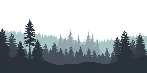 Obraz premium Black and grey pine forest silhouette with layered evergreen trees in a misty natural mountain landscape