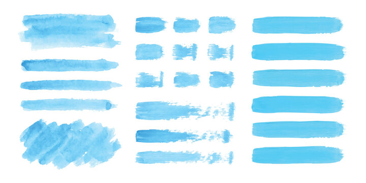 Set of blue watercolor paint brush strokes and texture swatches for artistic design and creative banners