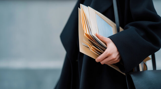 Elegantly dressed professional carries multiple file folders and leather bag through an urban outdoor setting.