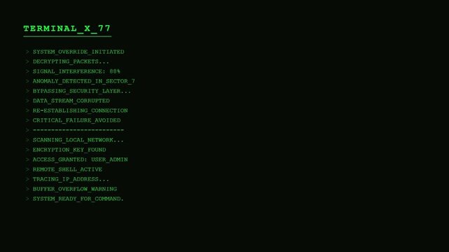 Futuristic Terminal Security HUD with Green Digital Command Line Interface and Cyber System Override Packet Decryption Monitoring Screen.