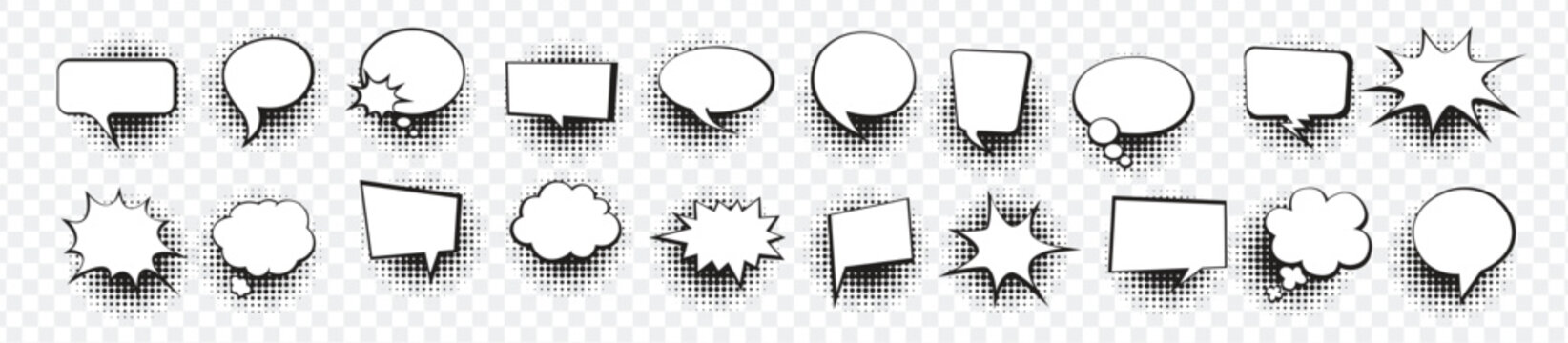 retro empty comic speech bubbles set with black halftone shadows 