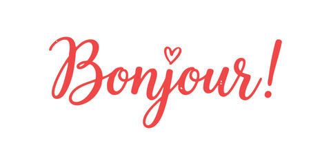 Bonjour word written in elegant red cursive calligraphy script font with a small heart icon design element © GraphixEra