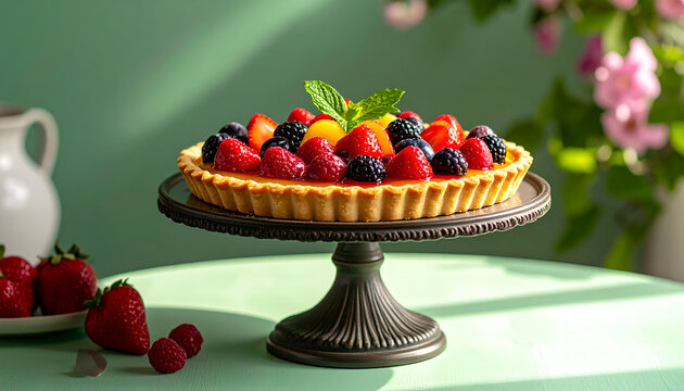 Delicious fruit tart topped with fresh berries and mint on cake stand still life