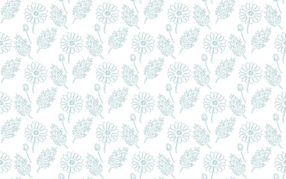 Hand drawn camomile flower seamless pattern in pale mint blue for fabric wrapping paper and wallpaper