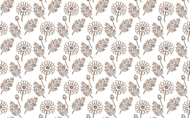 Fototapeta premium Hand drawn camomile flower seamless pattern in brown tan for fabric wrapping paper and wallpaper