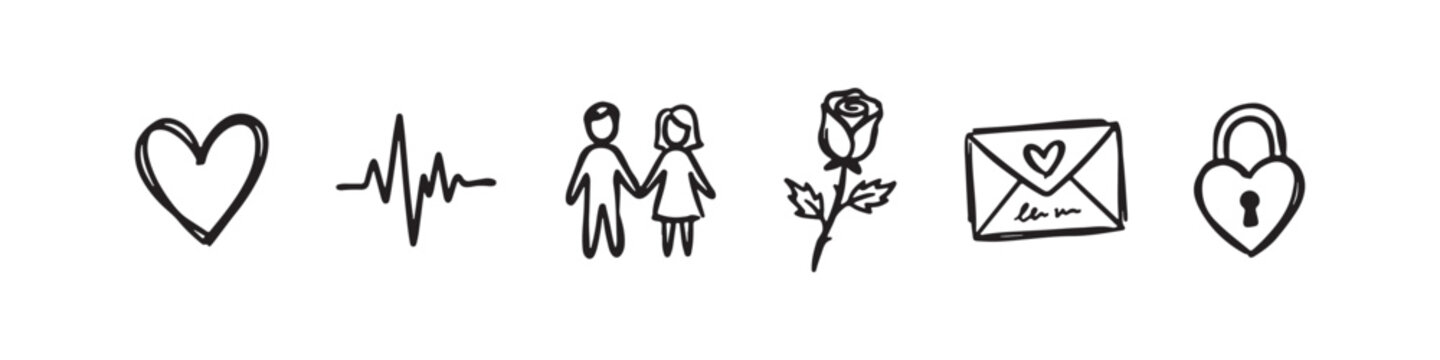 Vector icons representing love and romantic relationships in a clean, hand-drawn outline style, featuring a heartbeat line, a rose, a couple silhouette, a heart-shaped padlock, a love letter, and a cl