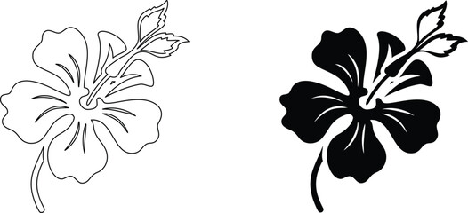 Black silhouette and outline drawing of hibiscus flower on transparent background. © Chaya