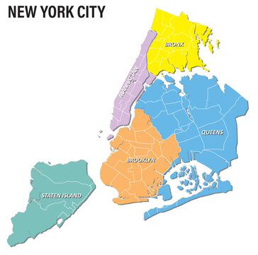 Color overview map of the five New York boroughs